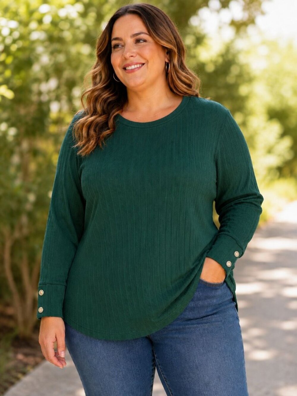 Lane Bryant Green Ribbed Knit Top Size 18/20 With Button Cuff Detail Rayon Blend